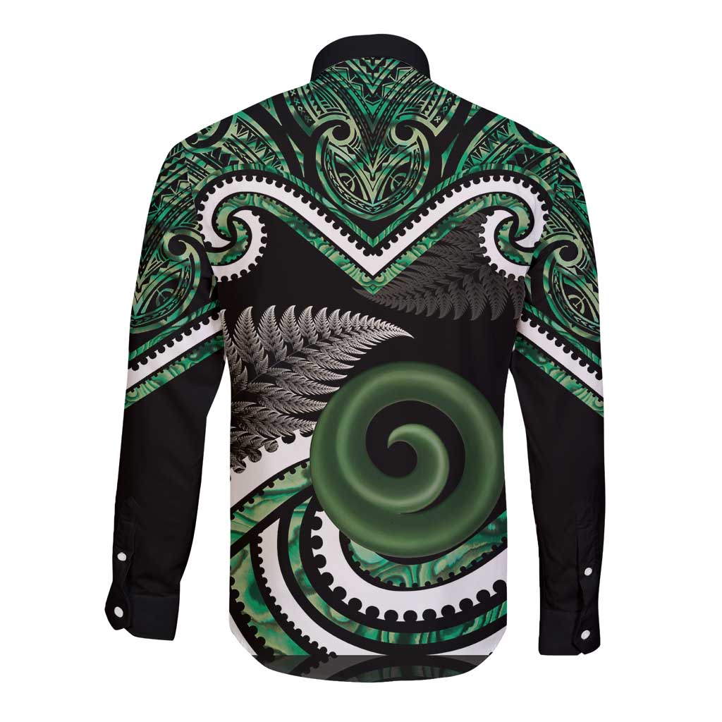 Koru Pounamu Aotearoa Long Sleeve Button Shirt Maori Paua Shell Mix Silver Fern