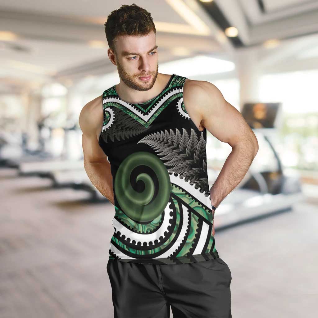 Koru Pounamu Aotearoa Men Tank Top Maori Paua Shell Mix Silver Fern LT14 Black - Polynesian Pride