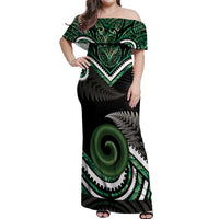 Koru Pounamu Aotearoa Off Shoulder Maxi Dress Maori Paua Shell Mix Silver Fern LT14 Women Black - Polynesian Pride