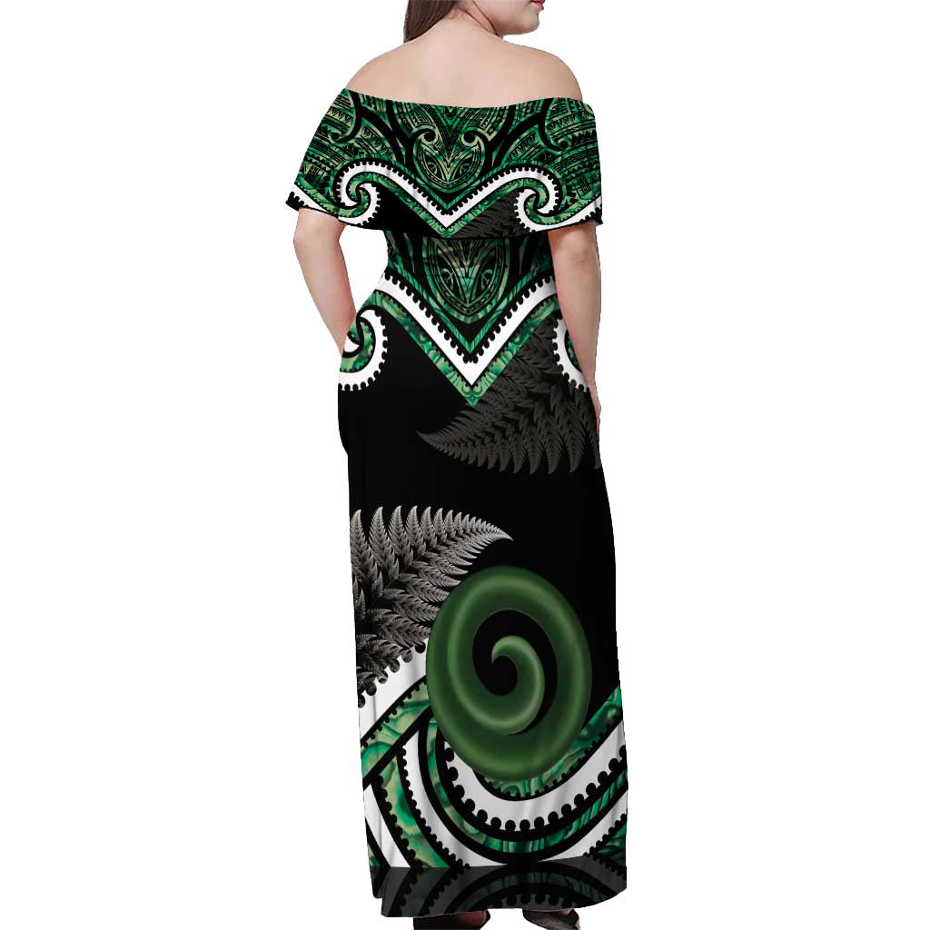 Koru Pounamu Aotearoa Off Shoulder Maxi Dress Maori Paua Shell Mix Silver Fern LT14 - Polynesian Pride