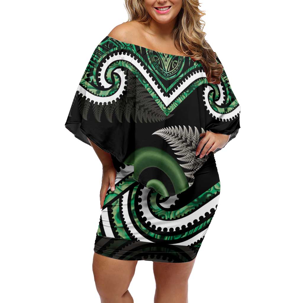 Koru Pounamu Aotearoa Off Shoulder Short Dress Maori Paua Shell Mix Silver Fern LT14 Women Black - Polynesian Pride