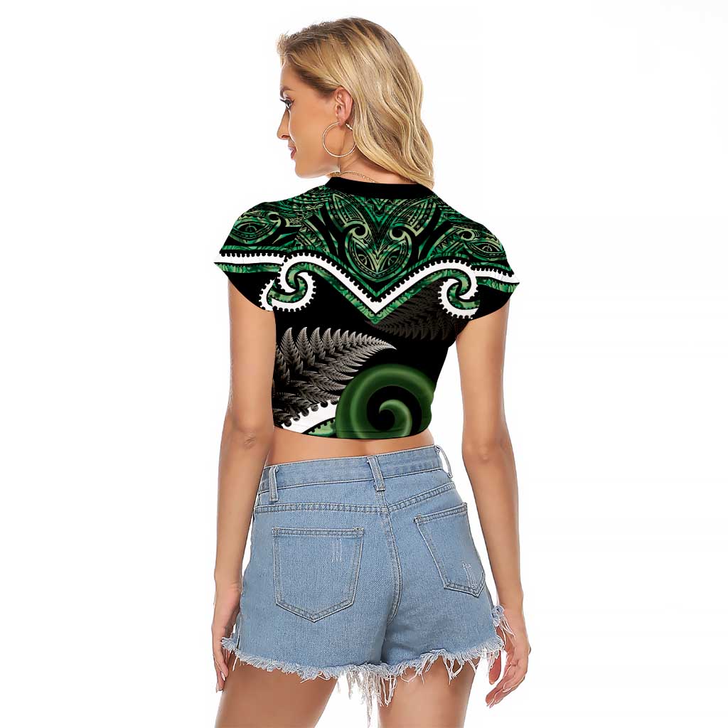 Koru Pounamu Aotearoa Raglan Cropped T Shirt Maori Paua Shell Mix Silver Fern LT14 - Polynesian Pride