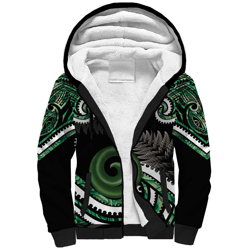 Koru Pounamu Aotearoa Sherpa Hoodie Maori Paua Shell Mix Silver Fern LT14 Unisex Black - Polynesian Pride