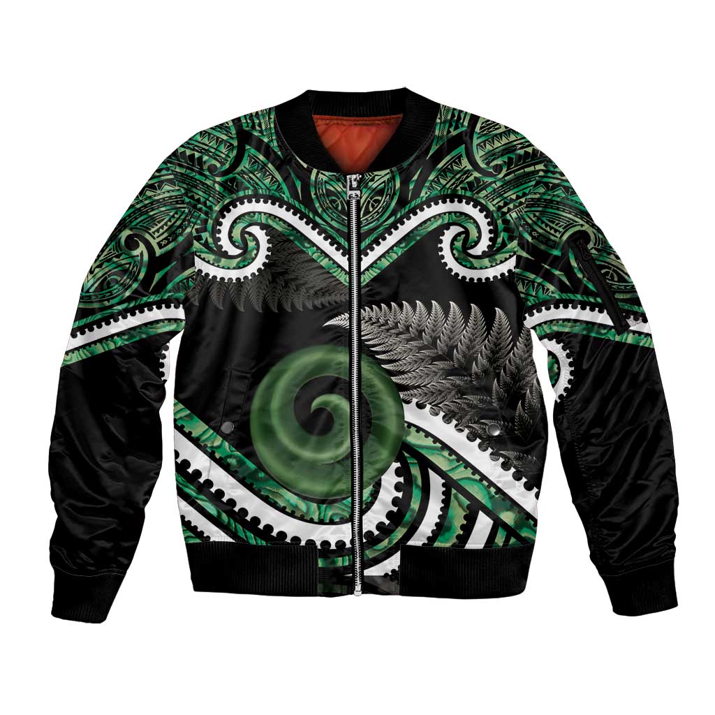 Koru Pounamu Aotearoa Sleeve Zip Bomber Jacket Maori Paua Shell Mix Silver Fern LT14 Unisex Black - Polynesian Pride