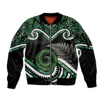 Koru Pounamu Aotearoa Sleeve Zip Bomber Jacket Maori Paua Shell Mix Silver Fern LT14 Unisex Black - Polynesian Pride