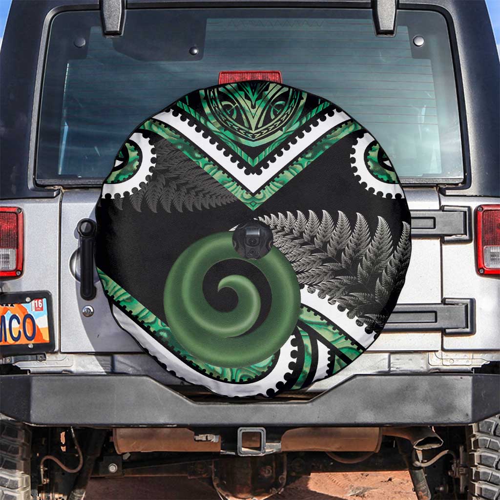 Koru Pounamu Aotearoa Spare Tire Cover Maori Paua Shell Mix Silver Fern LT14 Black - Polynesian Pride