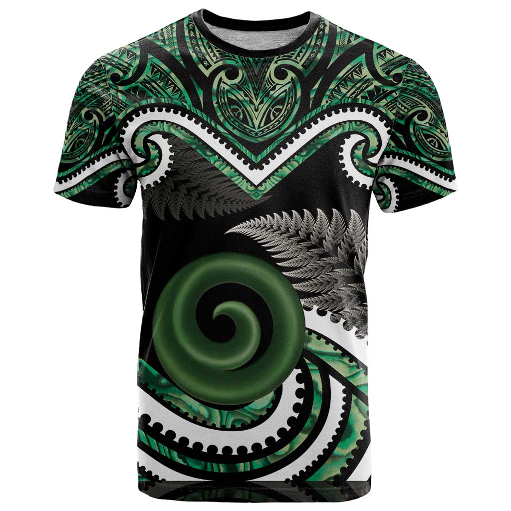 Koru Pounamu Aotearoa T Shirt Maori Paua Shell Mix Silver Fern LT14 Black - Polynesian Pride