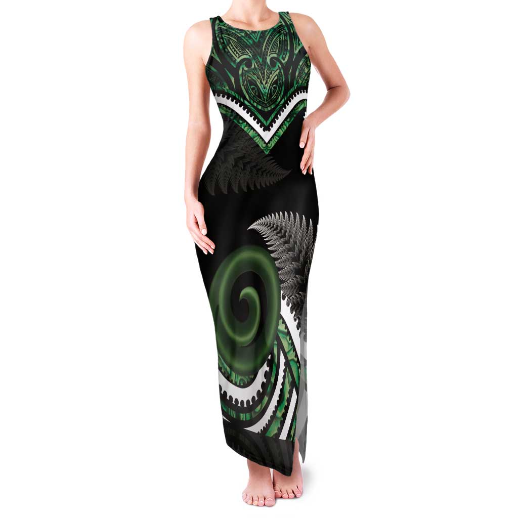 Koru Pounamu Aotearoa Tank Maxi Dress Maori Paua Shell Mix Silver Fern LT14 Women Black - Polynesian Pride
