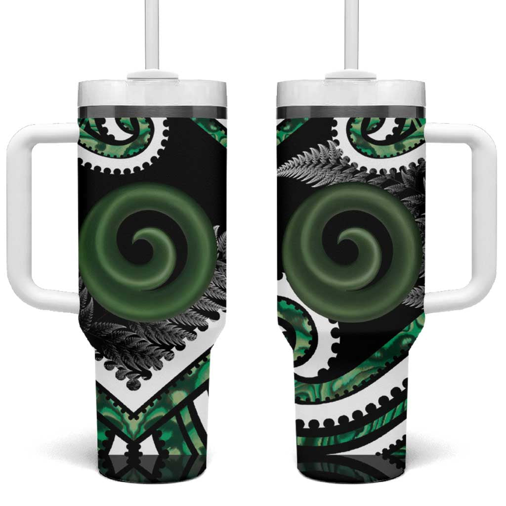 Koru Pounamu Aotearoa Tumbler With Handle Maori Paua Shell Mix Silver Fern LT14 One Size: 40 oz Black - Polynesian Pride