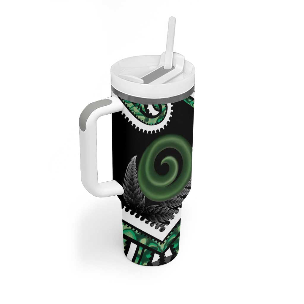 Koru Pounamu Aotearoa Tumbler With Handle Maori Paua Shell Mix Silver Fern LT14 - Polynesian Pride