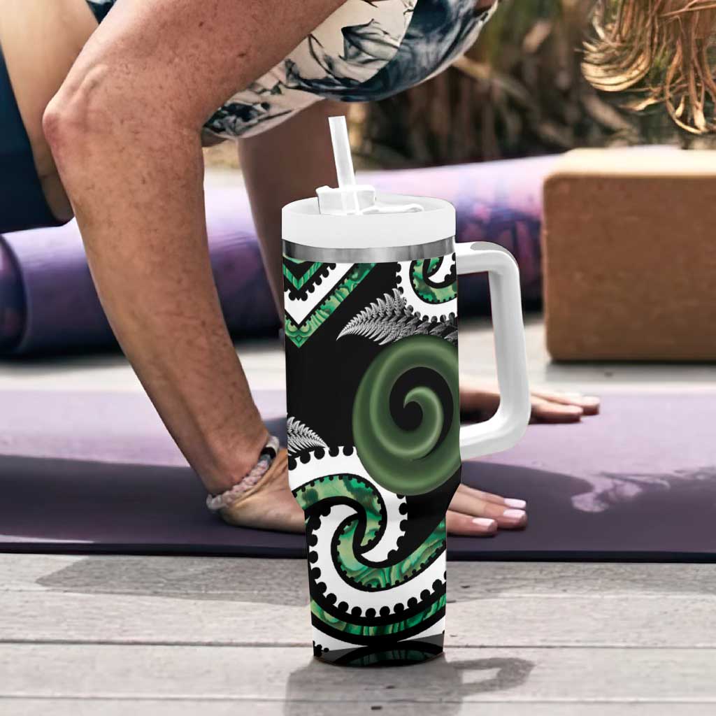 Koru Pounamu Aotearoa Tumbler With Handle Maori Paua Shell Mix Silver Fern LT14 - Polynesian Pride
