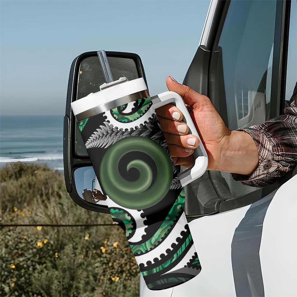 Koru Pounamu Aotearoa Tumbler With Handle Maori Paua Shell Mix Silver Fern LT14 - Polynesian Pride