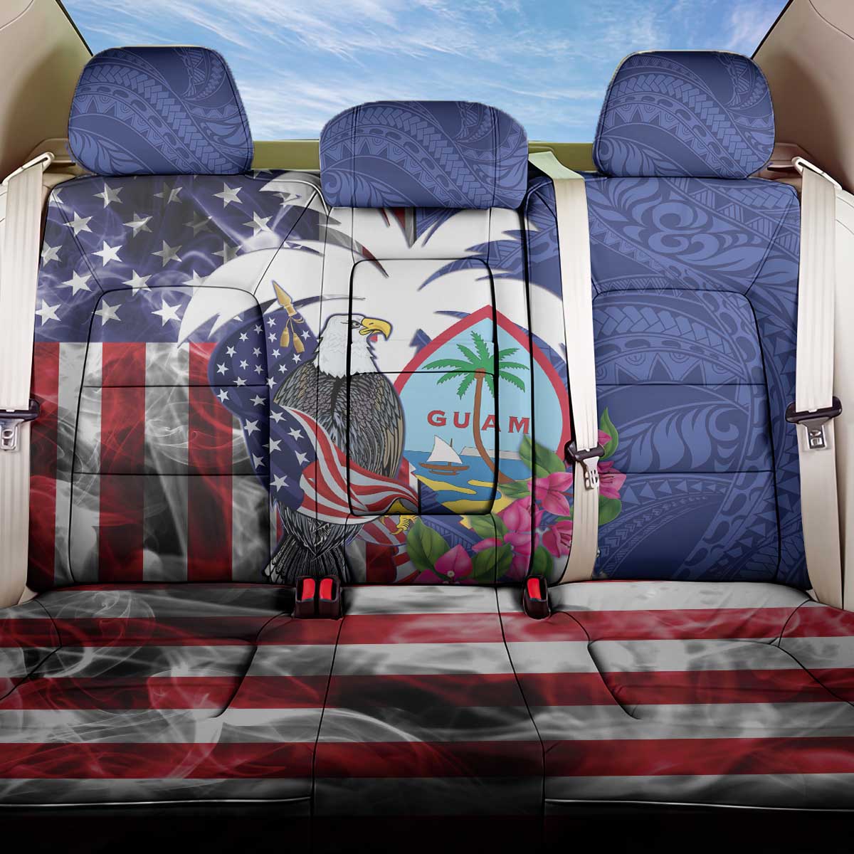 United States Guam Back Car Seat Cover USA Eagle Guahan Seal Bougainvillea - Polynesian Pride