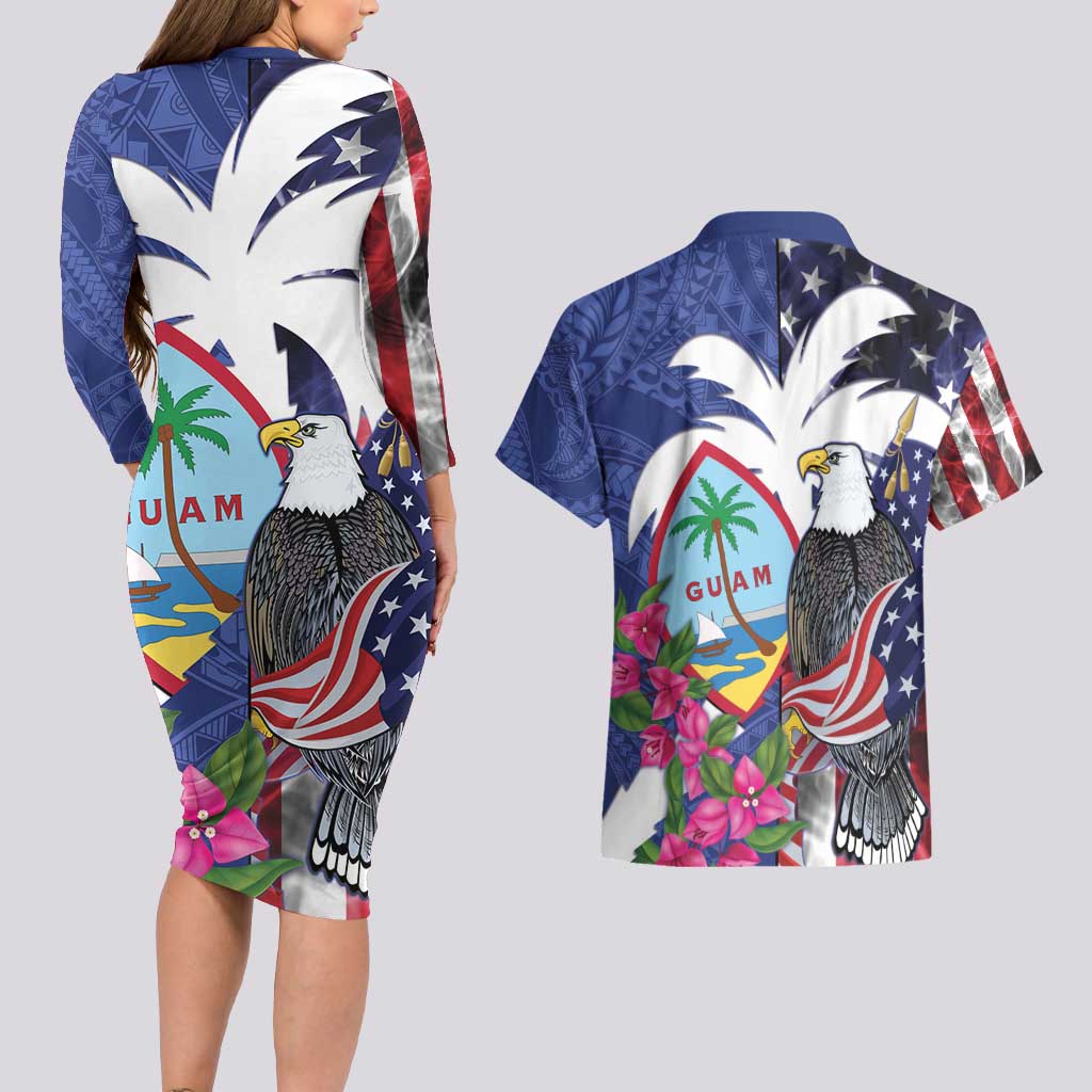 United States Guam Couples Matching Long Sleeve Bodycon Dress and Hawaiian Shirt USA Eagle Guahan Seal Bougainvillea - Polynesian Pride