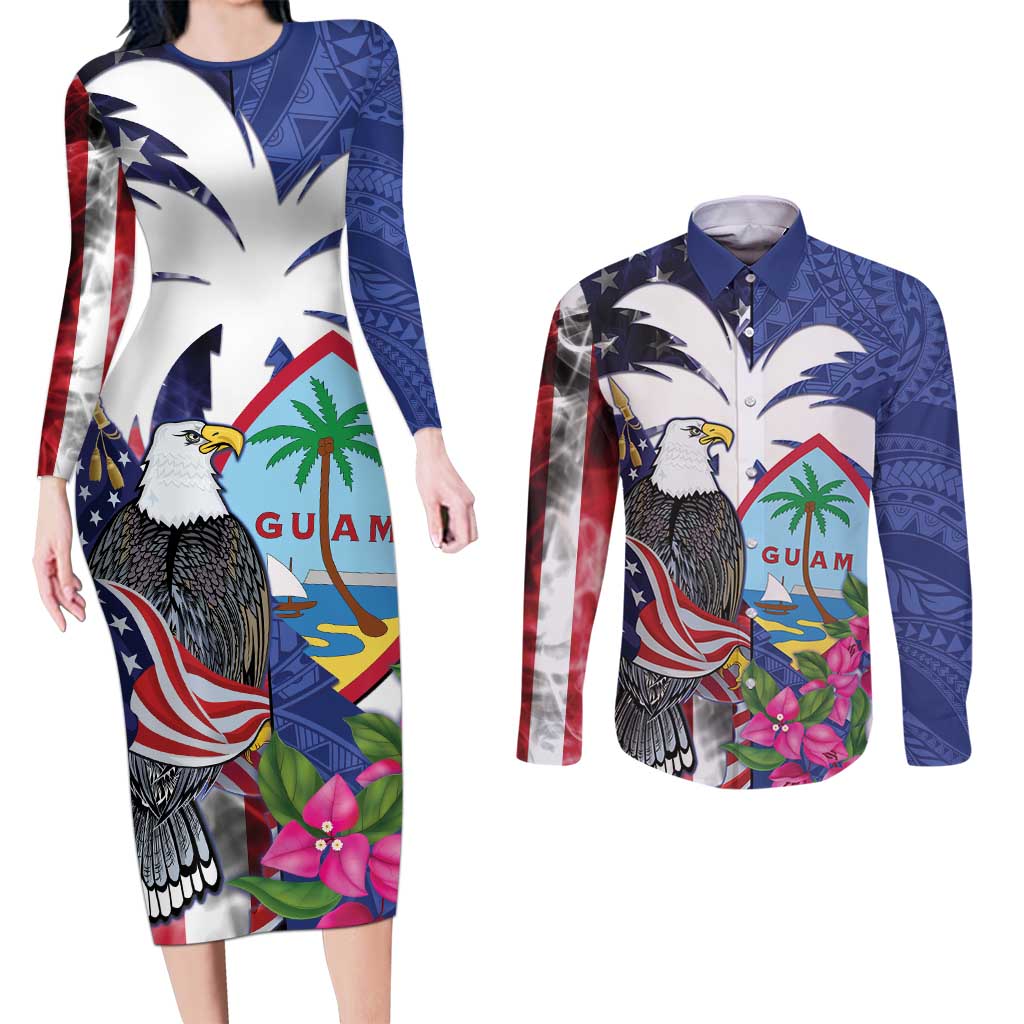 United States Guam Couples Matching Long Sleeve Bodycon Dress and Long Sleeve Button Shirt USA Eagle Guahan Seal Bougainvillea - Polynesian Pride