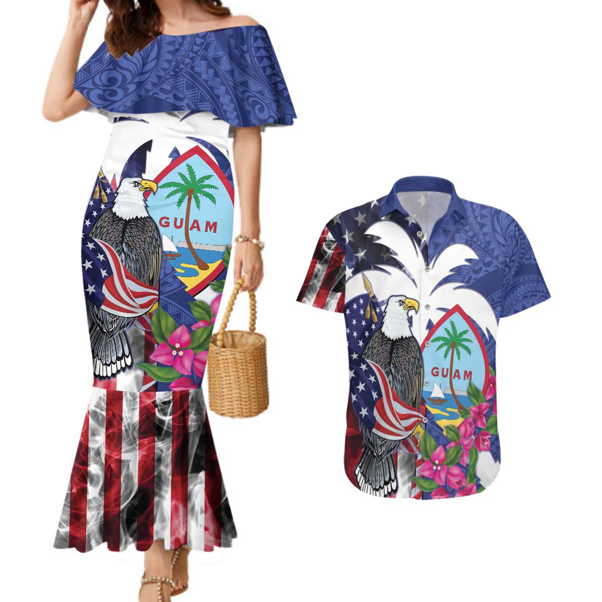 United States Guam Couples Matching Mermaid Dress and Hawaiian Shirt USA Eagle Guahan Seal Bougainvillea - Polynesian Pride