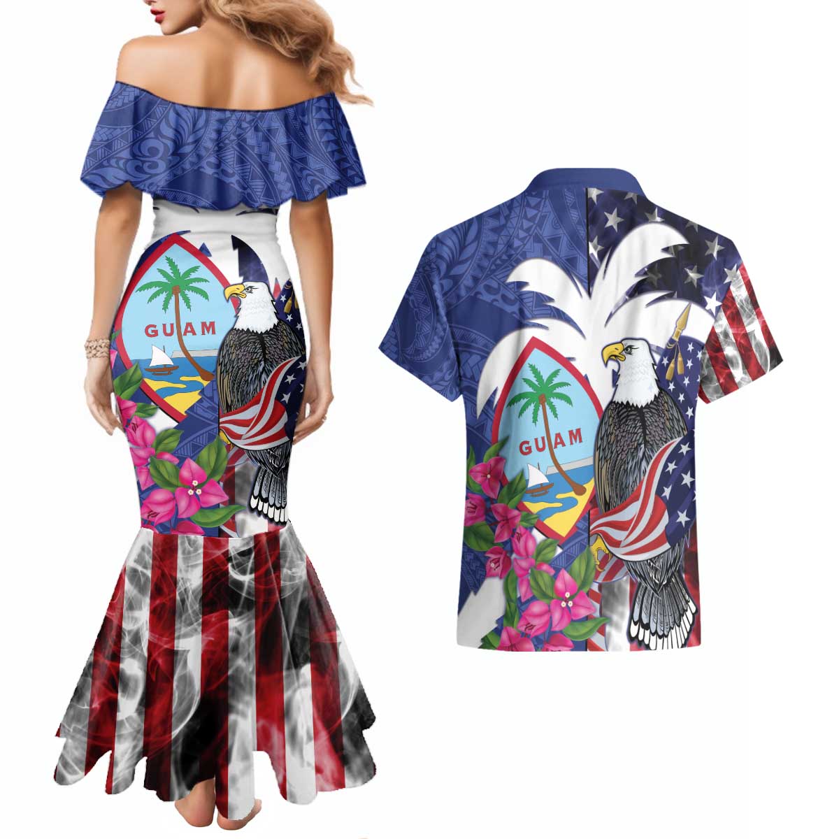 United States Guam Couples Matching Mermaid Dress and Hawaiian Shirt USA Eagle Guahan Seal Bougainvillea - Polynesian Pride
