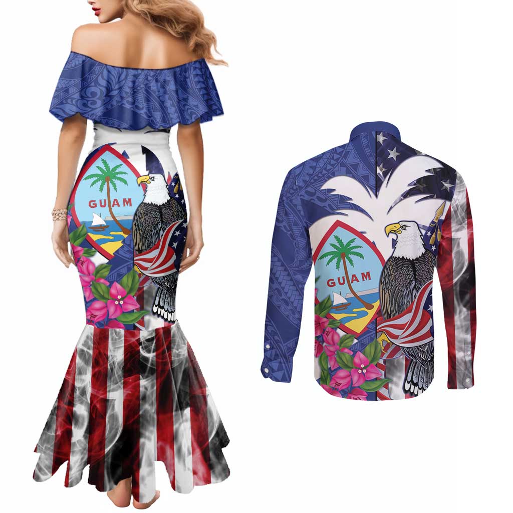 United States Guam Couples Matching Mermaid Dress and Long Sleeve Button Shirt USA Eagle Guahan Seal Bougainvillea - Polynesian Pride