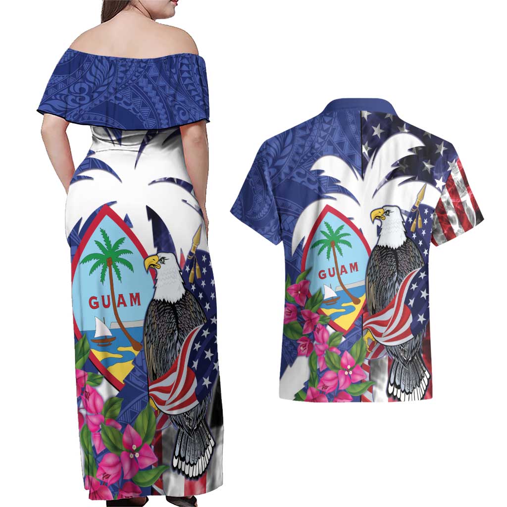 United States Guam Couples Matching Off Shoulder Maxi Dress and Hawaiian Shirt USA Eagle Guahan Seal Bougainvillea - Polynesian Pride