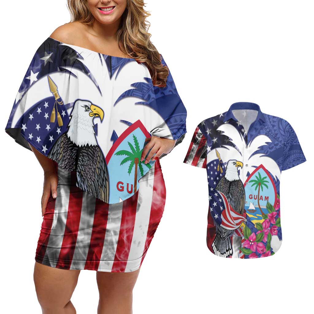 United States Guam Couples Matching Off Shoulder Short Dress and Hawaiian Shirt USA Eagle Guahan Seal Bougainvillea - Polynesian Pride