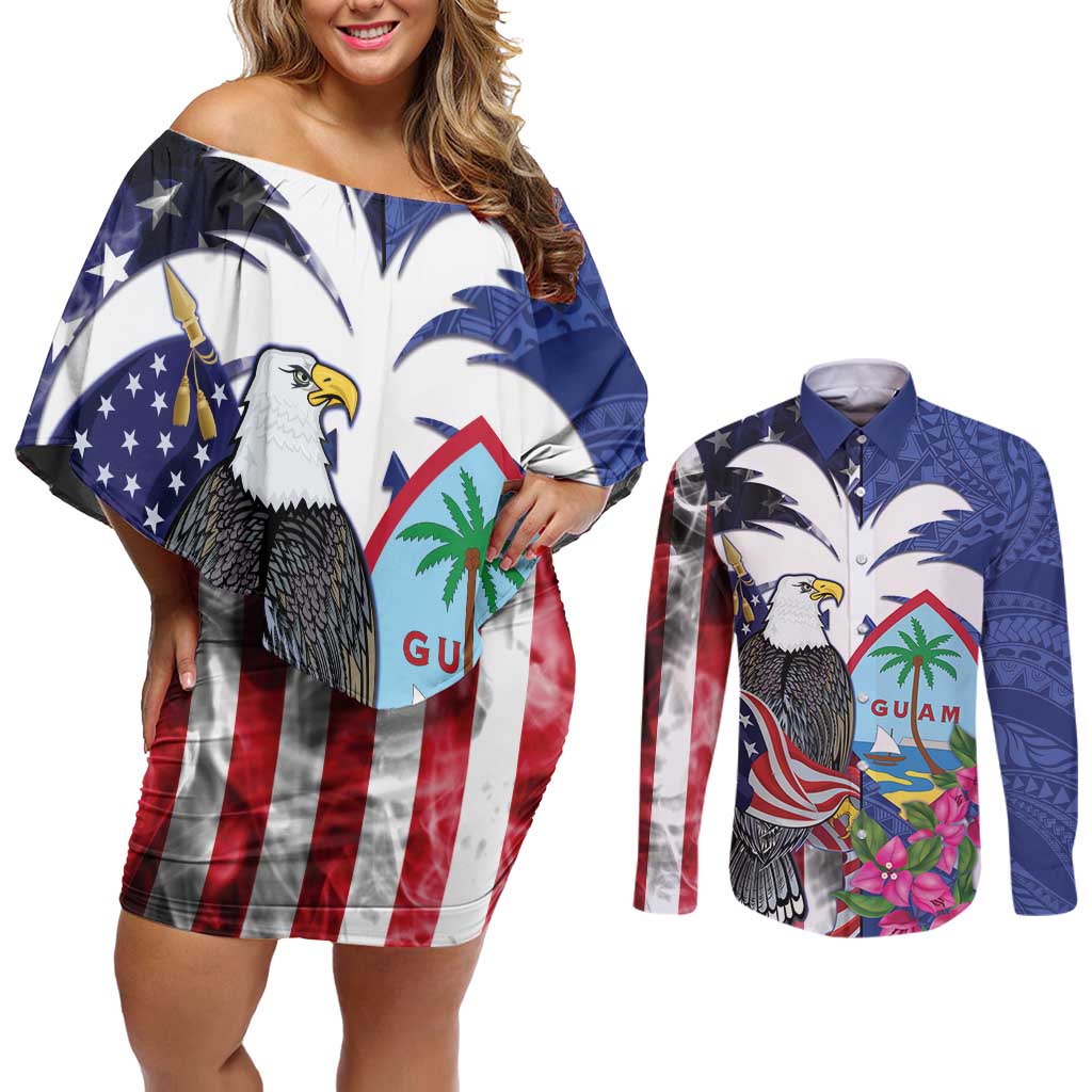 United States Guam Couples Matching Off Shoulder Short Dress and Long Sleeve Button Shirt USA Eagle Guahan Seal Bougainvillea - Polynesian Pride