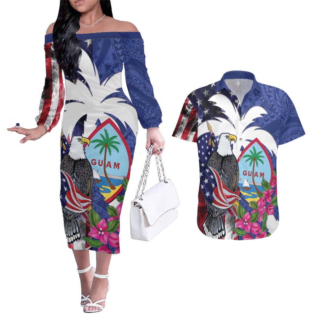 United States Guam Couples Matching Off The Shoulder Long Sleeve Dress and Hawaiian Shirt USA Eagle Guahan Seal Bougainvillea - Polynesian Pride