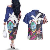 United States Guam Couples Matching Off The Shoulder Long Sleeve Dress and Hawaiian Shirt USA Eagle Guahan Seal Bougainvillea - Polynesian Pride