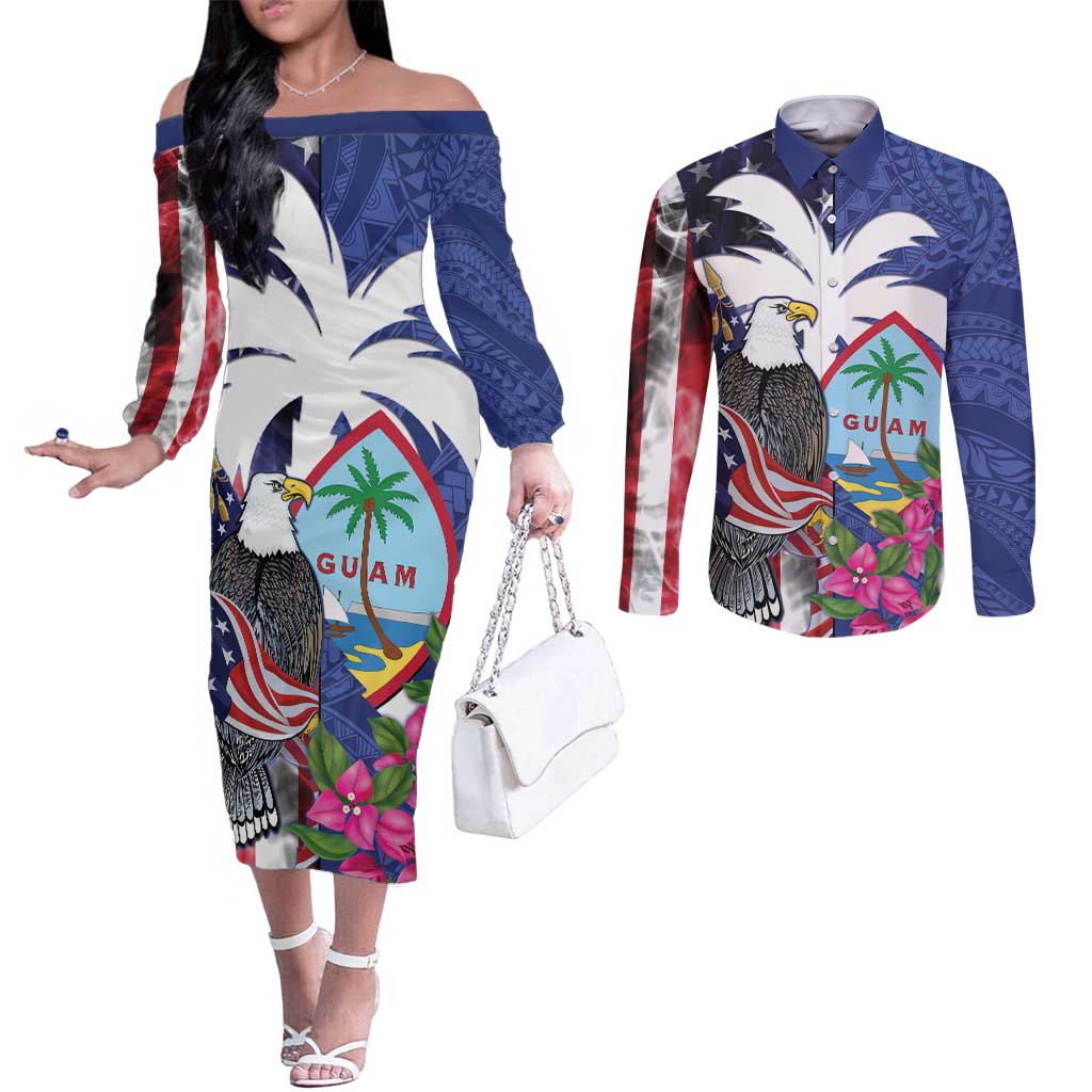 United States Guam Couples Matching Off The Shoulder Long Sleeve Dress and Long Sleeve Button Shirt USA Eagle Guahan Seal Bougainvillea - Polynesian Pride