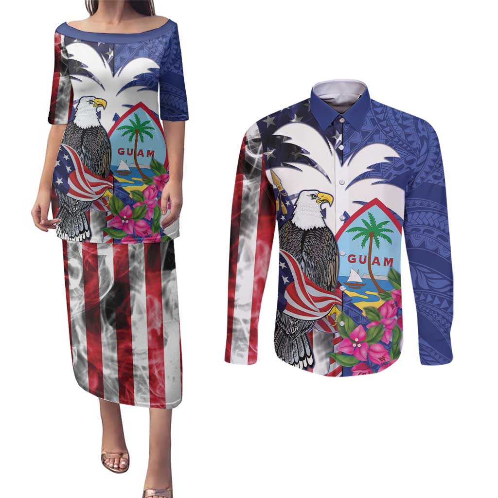United States Guam Couples Matching Puletasi and Long Sleeve Button Shirt USA Eagle Guahan Seal Bougainvillea - Polynesian Pride