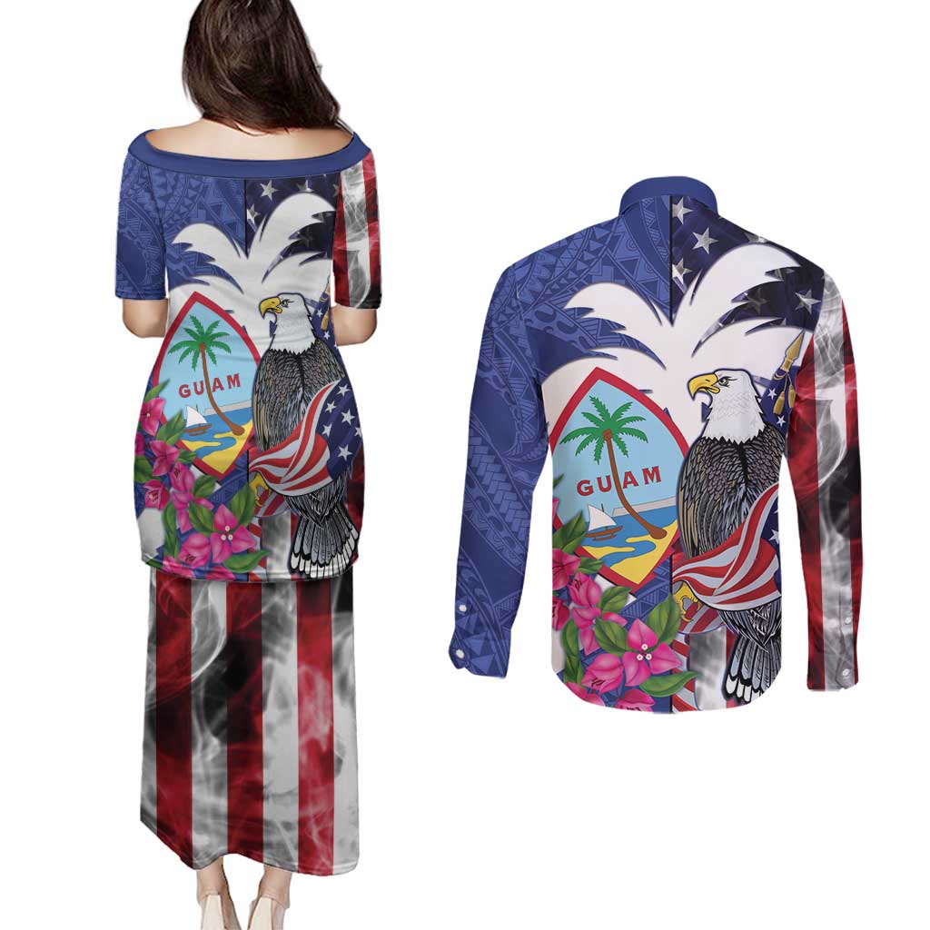 United States Guam Couples Matching Puletasi and Long Sleeve Button Shirt USA Eagle Guahan Seal Bougainvillea - Polynesian Pride