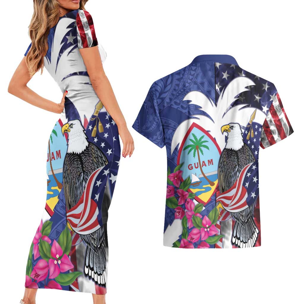 United States Guam Couples Matching Short Sleeve Bodycon Dress and Hawaiian Shirt USA Eagle Guahan Seal Bougainvillea - Polynesian Pride