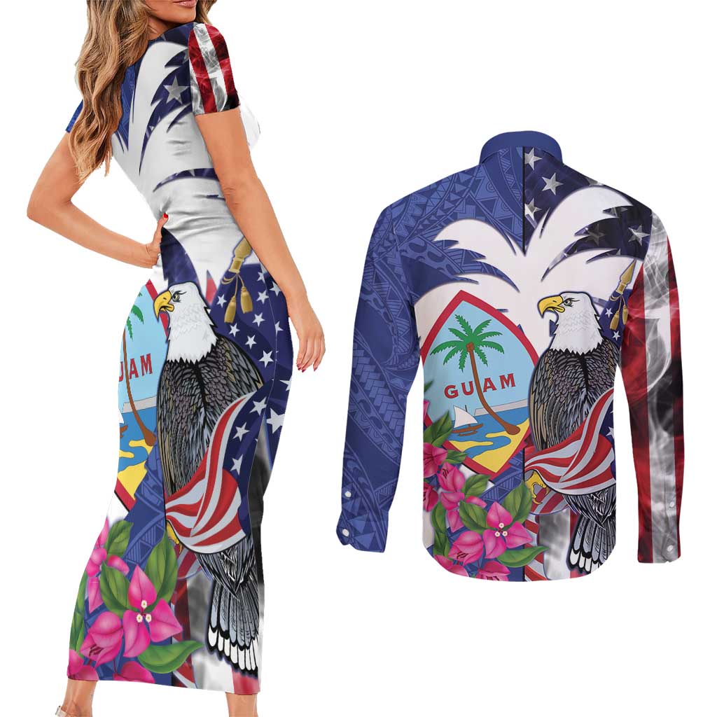 United States Guam Couples Matching Short Sleeve Bodycon Dress and Long Sleeve Button Shirt USA Eagle Guahan Seal Bougainvillea - Polynesian Pride