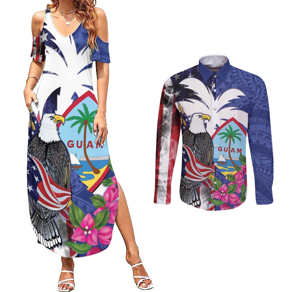 United States Guam Couples Matching Summer Maxi Dress and Long Sleeve Button Shirt USA Eagle Guahan Seal Bougainvillea - Polynesian Pride