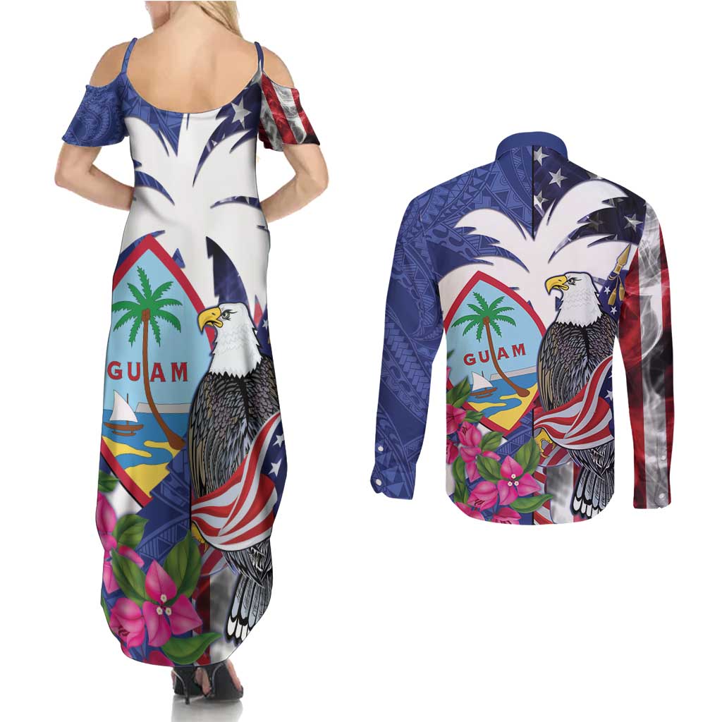 United States Guam Couples Matching Summer Maxi Dress and Long Sleeve Button Shirt USA Eagle Guahan Seal Bougainvillea - Polynesian Pride