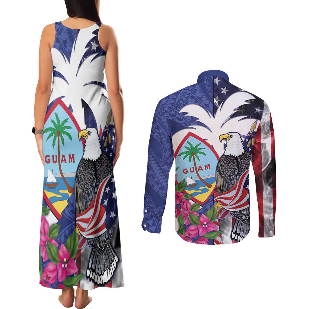United States Guam Couples Matching Tank Maxi Dress and Long Sleeve Button Shirt USA Eagle Guahan Seal Bougainvillea - Polynesian Pride