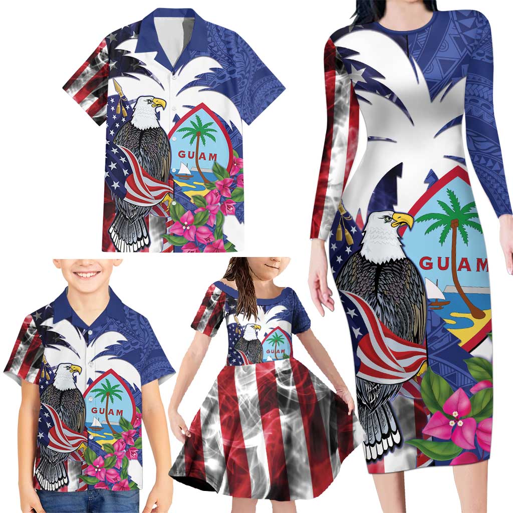 United States Guam Family Matching Long Sleeve Bodycon Dress and Hawaiian Shirt USA Eagle Guahan Seal Bougainvillea - Polynesian Pride
