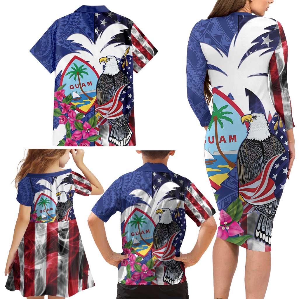 United States Guam Family Matching Long Sleeve Bodycon Dress and Hawaiian Shirt USA Eagle Guahan Seal Bougainvillea - Polynesian Pride