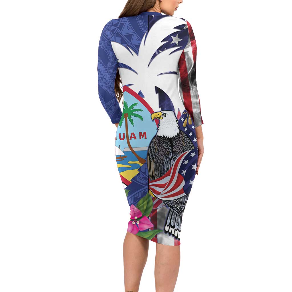 United States Guam Family Matching Long Sleeve Bodycon Dress and Hawaiian Shirt USA Eagle Guahan Seal Bougainvillea - Polynesian Pride