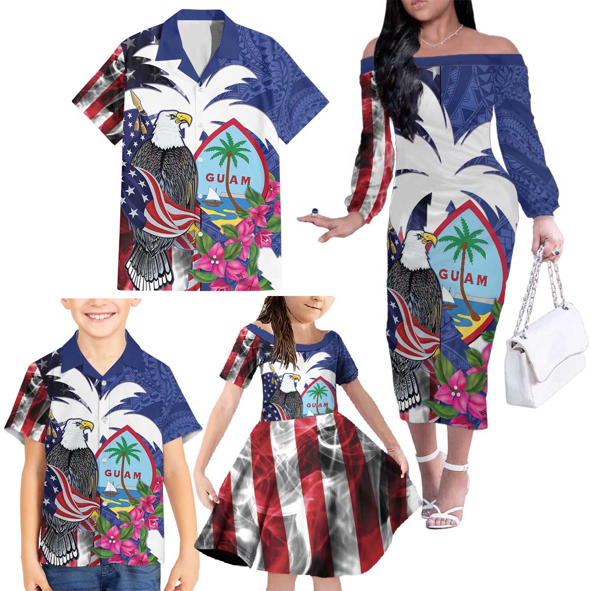 United States Guam Family Matching Off The Shoulder Long Sleeve Dress and Hawaiian Shirt USA Eagle Guahan Seal Bougainvillea - Polynesian Pride
