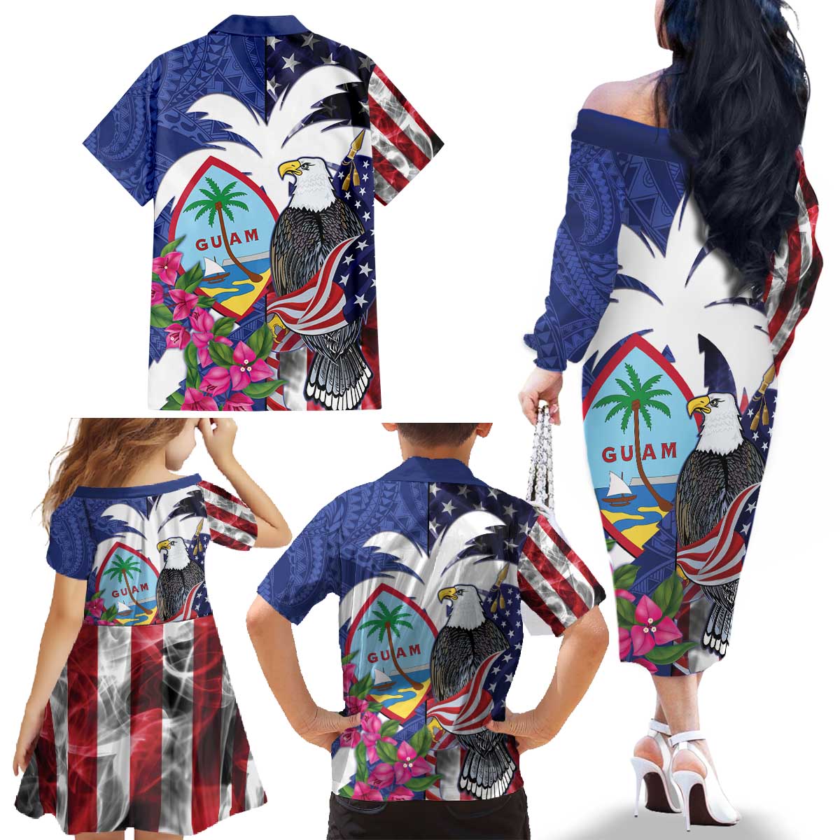 United States Guam Family Matching Off The Shoulder Long Sleeve Dress and Hawaiian Shirt USA Eagle Guahan Seal Bougainvillea - Polynesian Pride