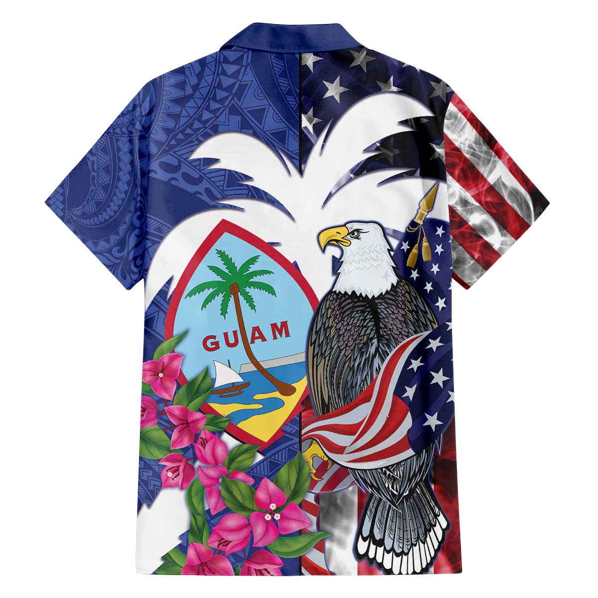 United States Guam Family Matching Off The Shoulder Long Sleeve Dress and Hawaiian Shirt USA Eagle Guahan Seal Bougainvillea - Polynesian Pride