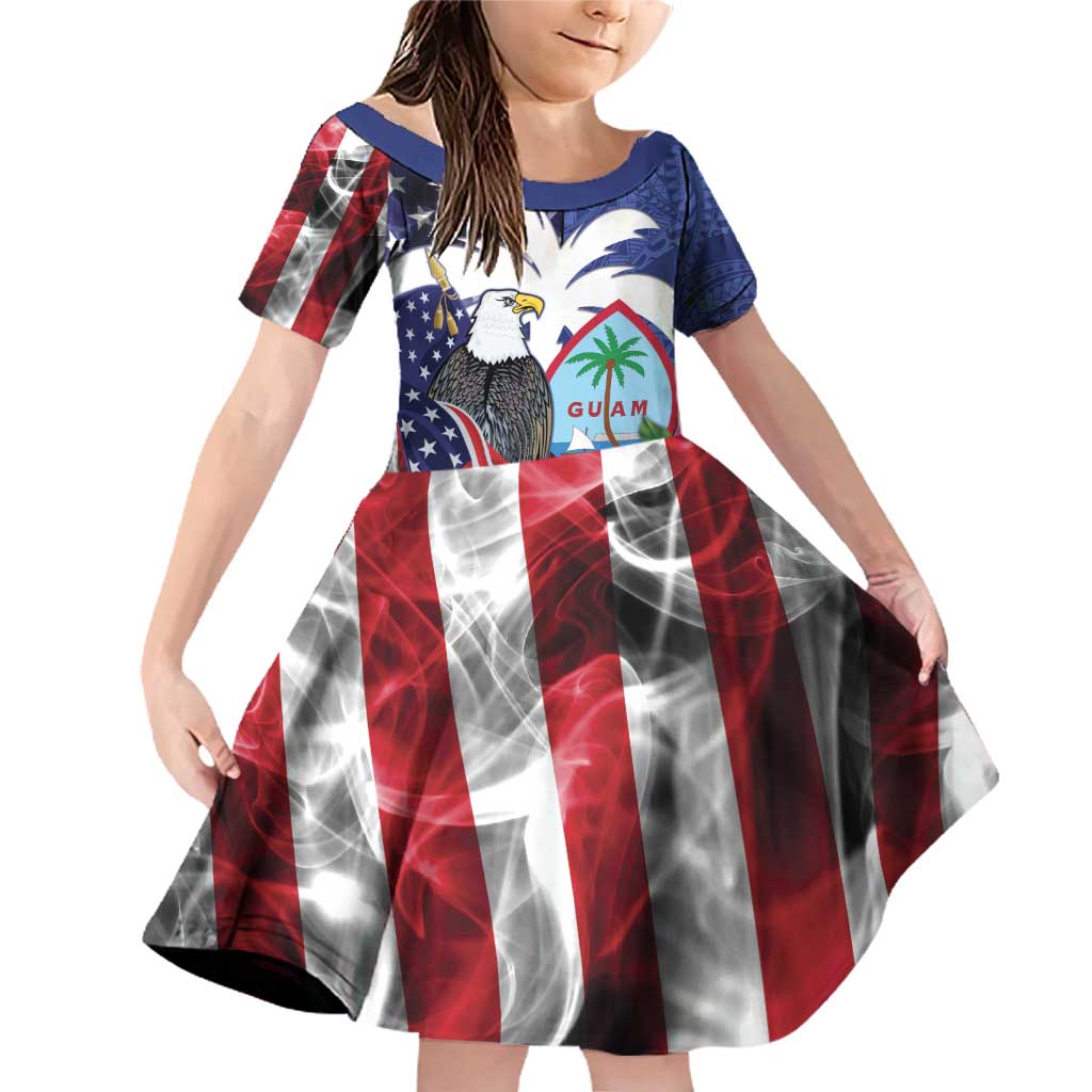 United States Guam Family Matching Off Shoulder Short Dress and Hawaiian Shirt USA Eagle Guahan Seal Bougainvillea - Polynesian Pride