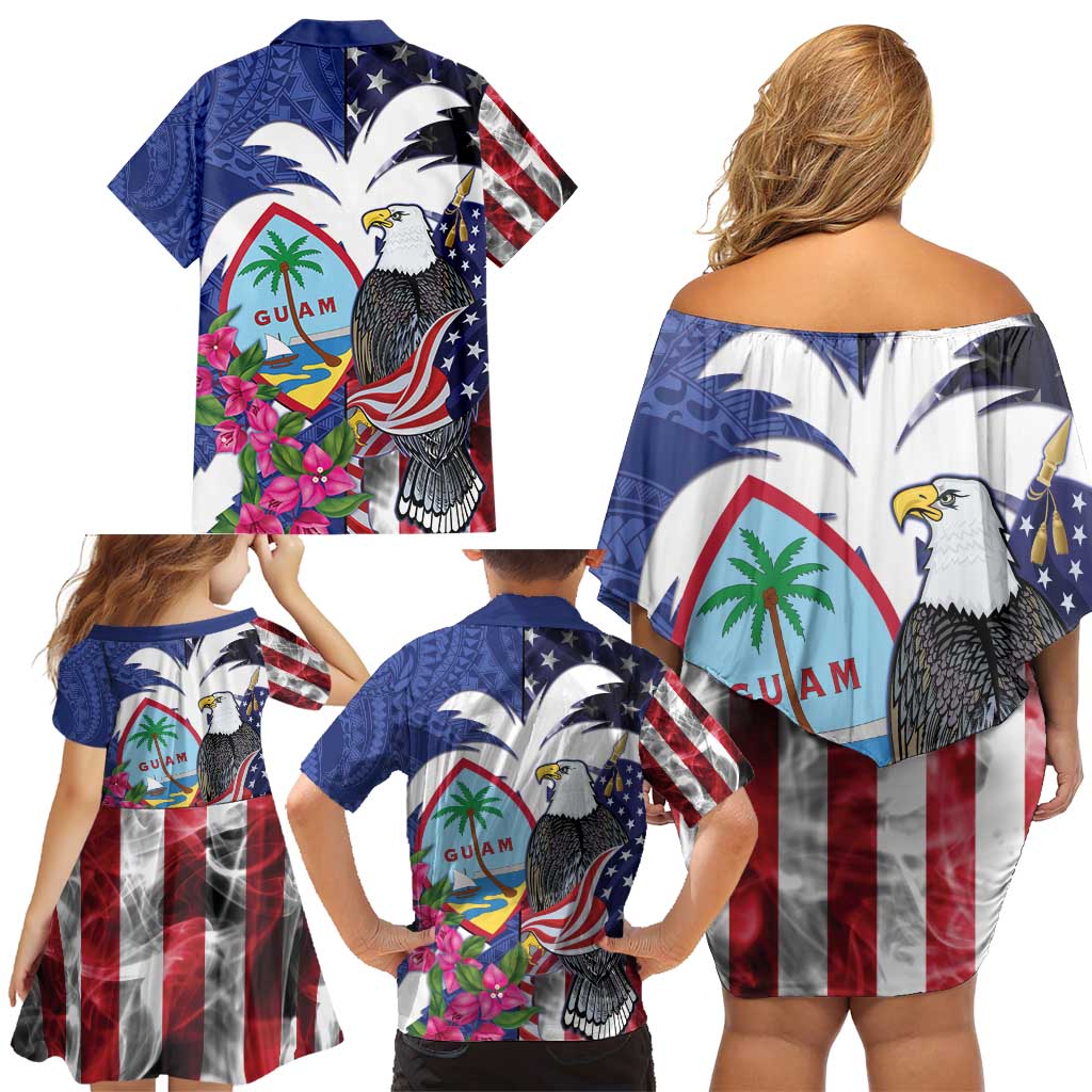 United States Guam Family Matching Off Shoulder Short Dress and Hawaiian Shirt USA Eagle Guahan Seal Bougainvillea - Polynesian Pride