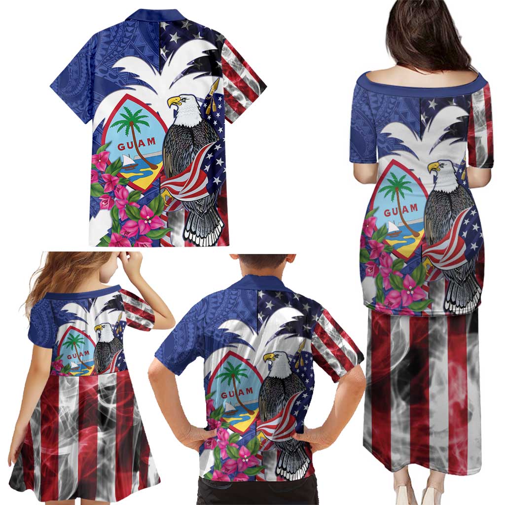 United States Guam Family Matching Puletasi and Hawaiian Shirt USA Eagle Guahan Seal Bougainvillea - Polynesian Pride