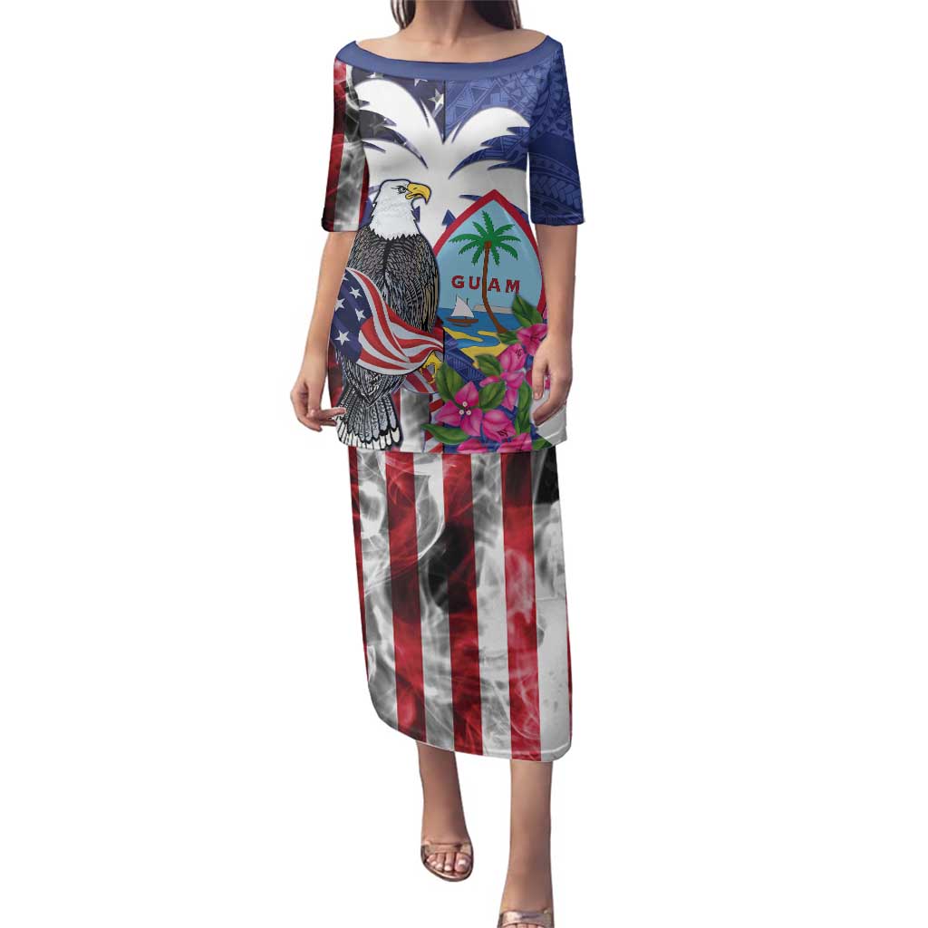 United States Guam Family Matching Puletasi and Hawaiian Shirt USA Eagle Guahan Seal Bougainvillea - Polynesian Pride