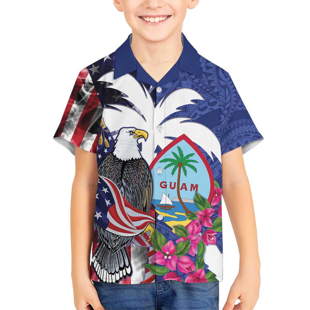 United States Guam Family Matching Puletasi and Hawaiian Shirt USA Eagle Guahan Seal Bougainvillea - Polynesian Pride