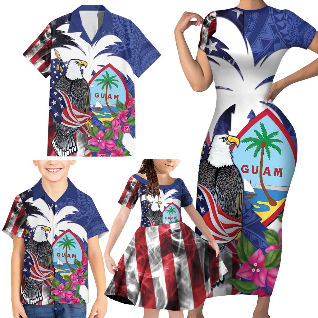 United States Guam Family Matching Short Sleeve Bodycon Dress and Hawaiian Shirt USA Eagle Guahan Seal Bougainvillea - Polynesian Pride