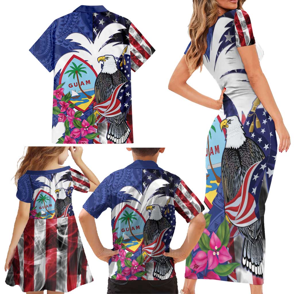 United States Guam Family Matching Short Sleeve Bodycon Dress and Hawaiian Shirt USA Eagle Guahan Seal Bougainvillea - Polynesian Pride