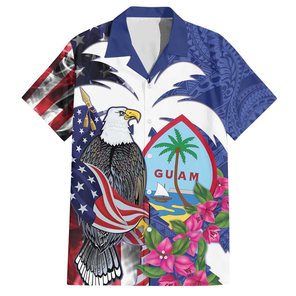 United States Guam Family Matching Short Sleeve Bodycon Dress and Hawaiian Shirt USA Eagle Guahan Seal Bougainvillea - Polynesian Pride