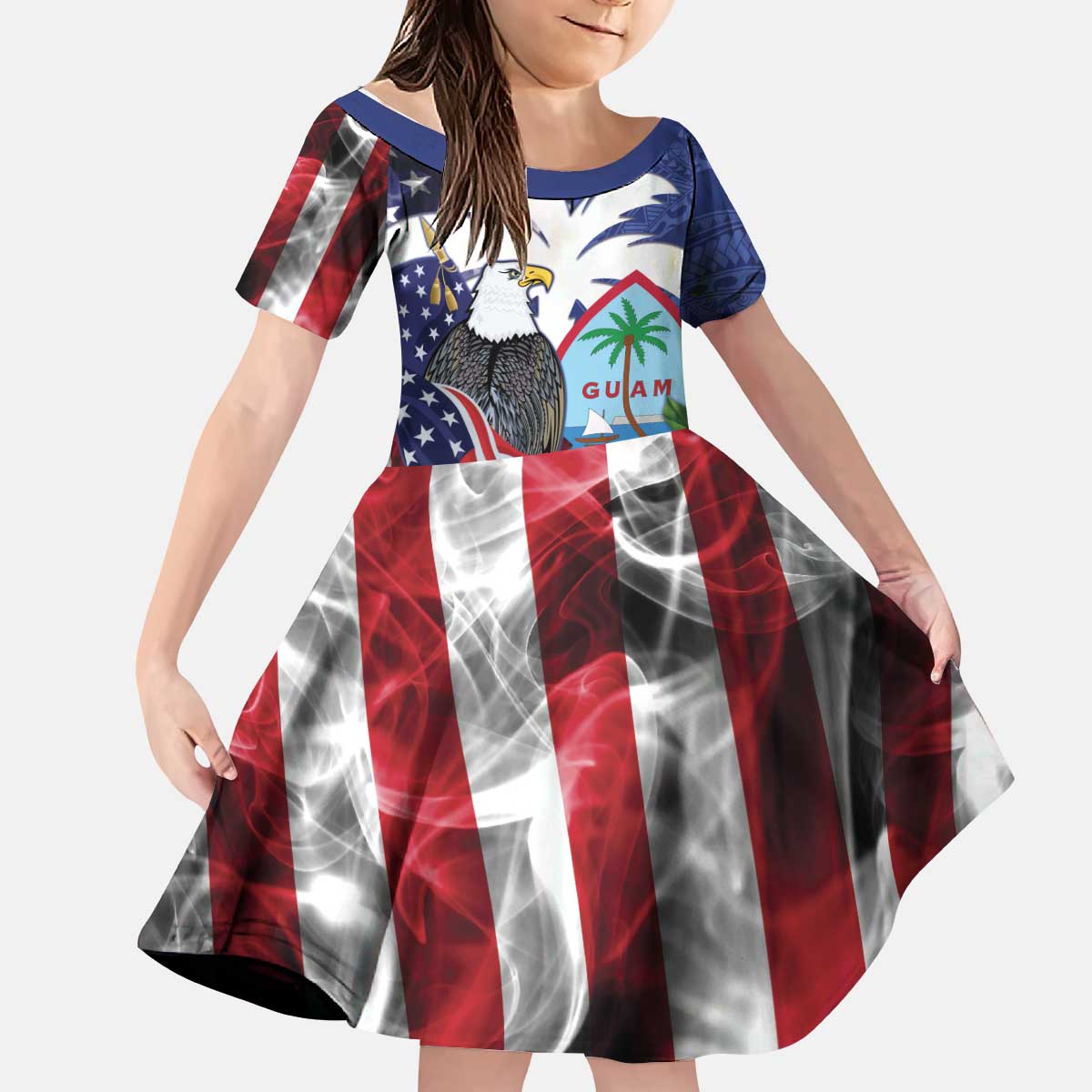 United States Guam Kid Short Sleeve Dress USA Eagle Guahan Seal Bougainvillea - Polynesian Pride
